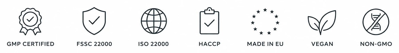 GMP certificirano · FSSC 22000 · ISO 22000 · HACCP · Izdelano v EU · Vegansko · Brez GSO